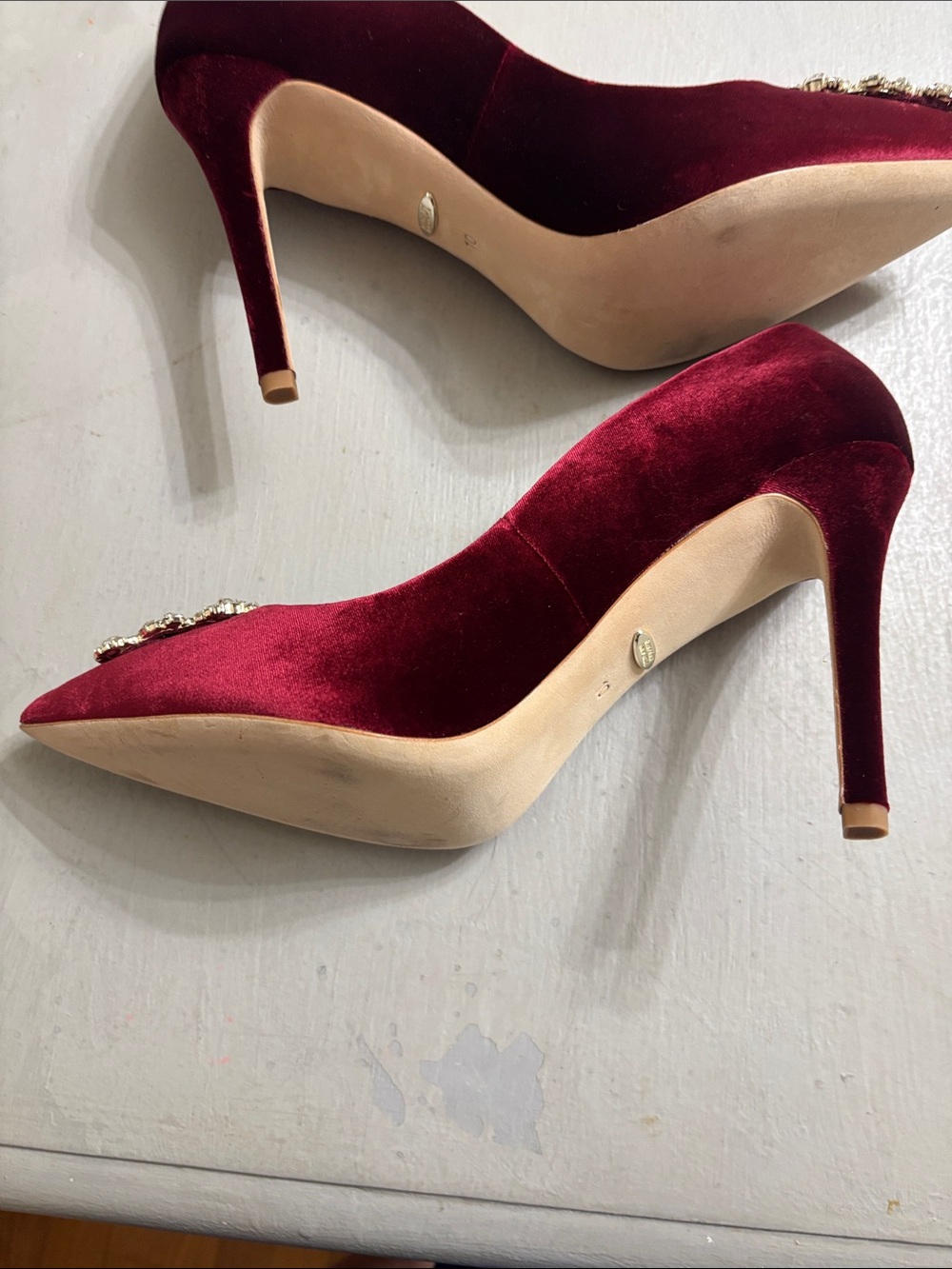 Badgley Mischka Burgundy Velvet Pointed Toe Pumps with Crystal Buckle Accent 10 - Picture 8 of 10